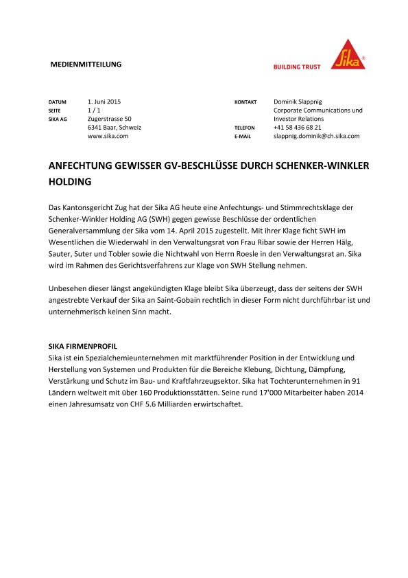 Anfechtung Gewisser GV-BeschlüsseDurchSchenker-Winkler Holding