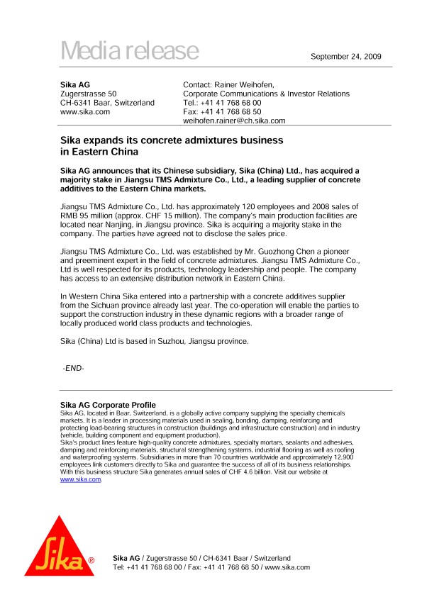 Sika在东欧扩大了混凝土混合物业务