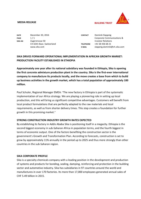 西卡推动非洲增长市场的运营实施