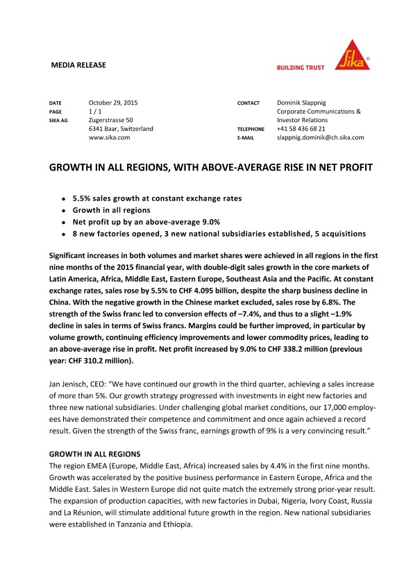 所有地区均实现增长，净利润增幅高于平均水平