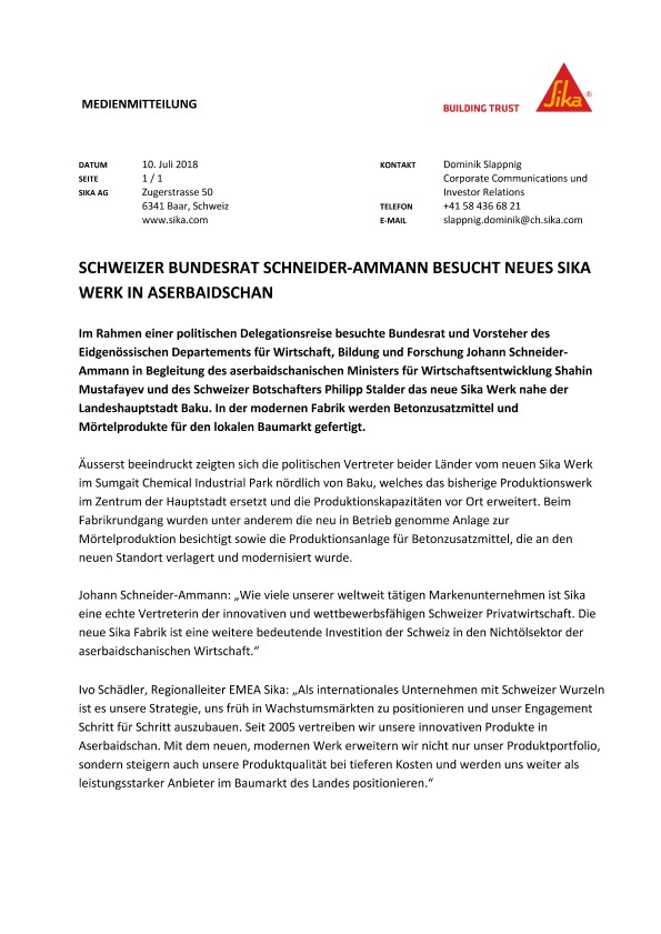 瑞士联邦Schneider-Ammann besucht新梅花鹿Aserbaidschan颂歌
