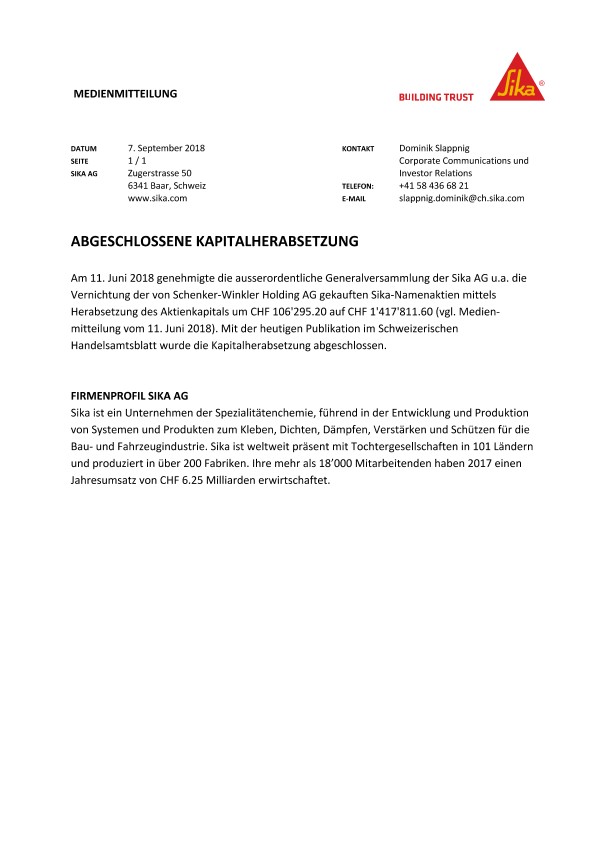 Abgeschlossene Kapitalherabsetzung