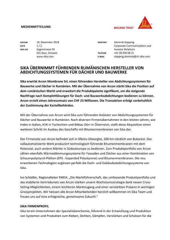 西卡übernimmt führenden rumänischen赫斯特勒冯Abdichtungssystemen für Dächer和Bauwerke