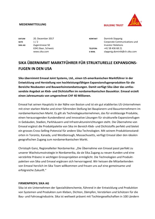 梅花莲übernimmt Marktführer für strukturelle Expansionsfugen在den美国