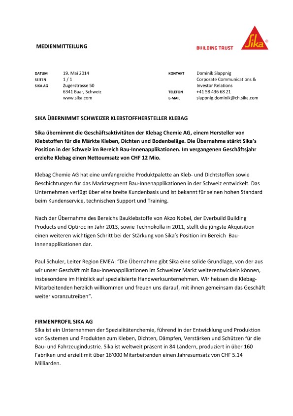 梅花鹿ubernimmt施魏策尔Klebstoffhersteller Klebag