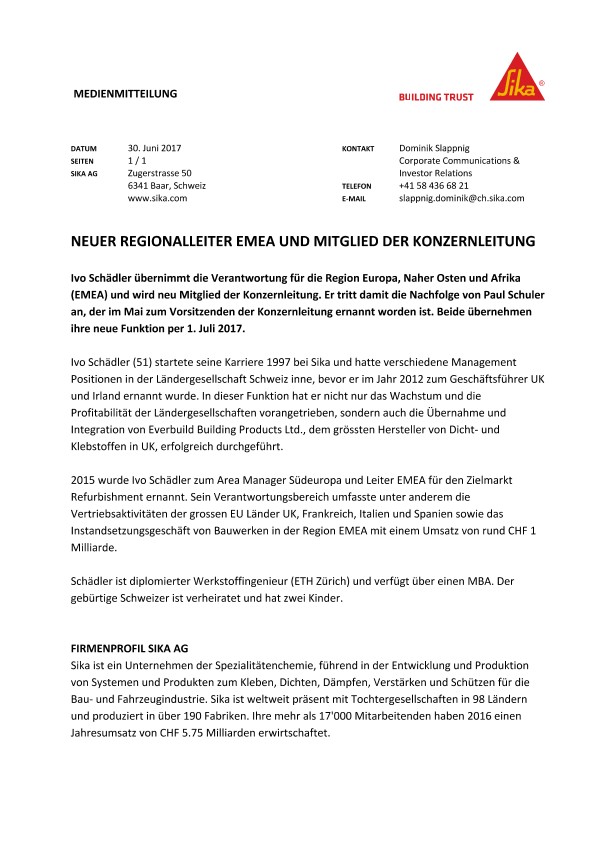 Neuer Socionalleiter Emea和Mitglied der Konzernleitung