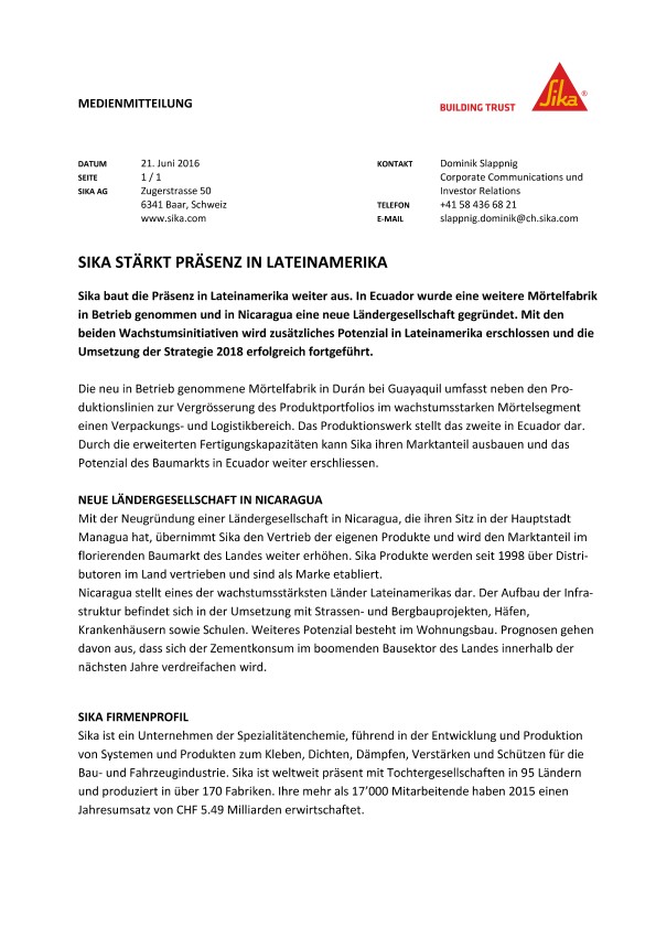 西卡stärkt Präsenz在Lateinamerika