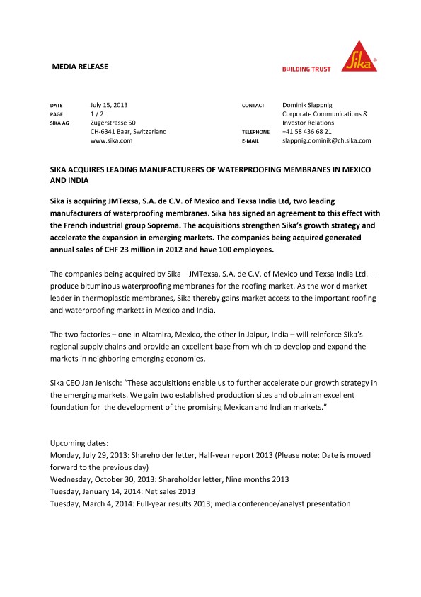 西卡收购墨西哥和印度防水膜领先制造商