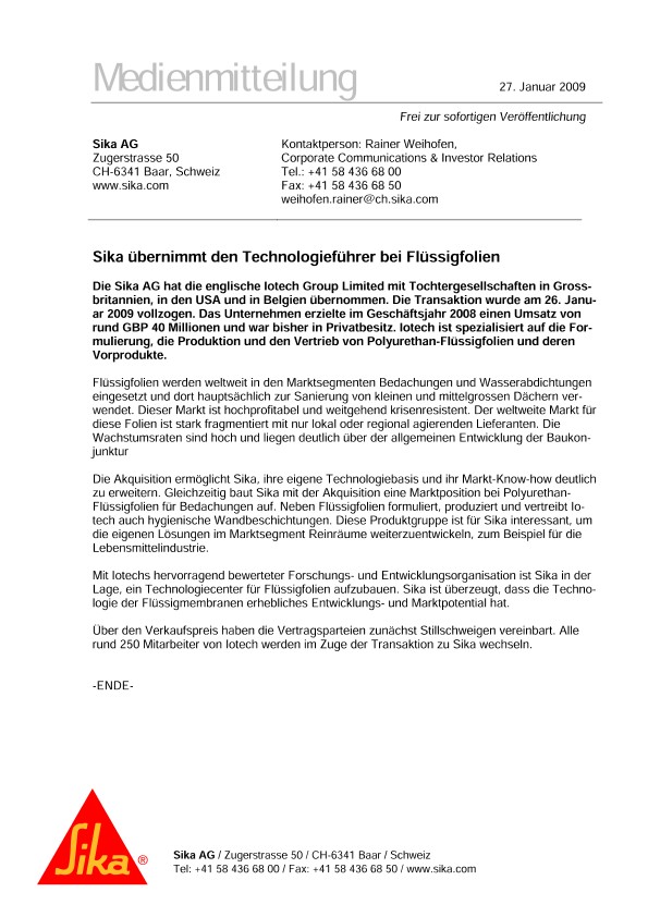 西卡übernimmt登Technologieführer贝Flüssigfolien