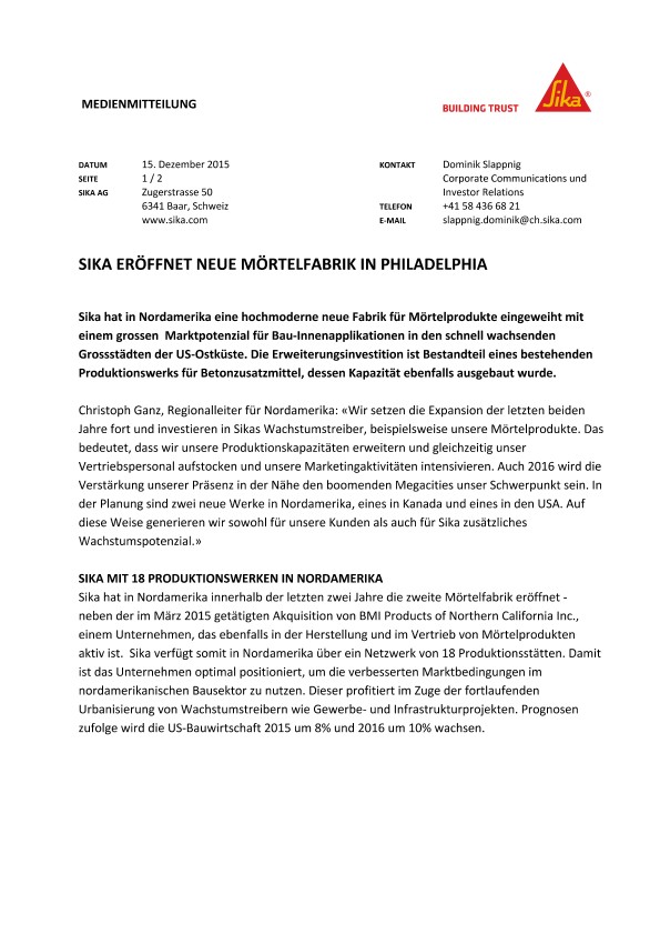 西卡eröffnet neue Mörtelfabrik在费城