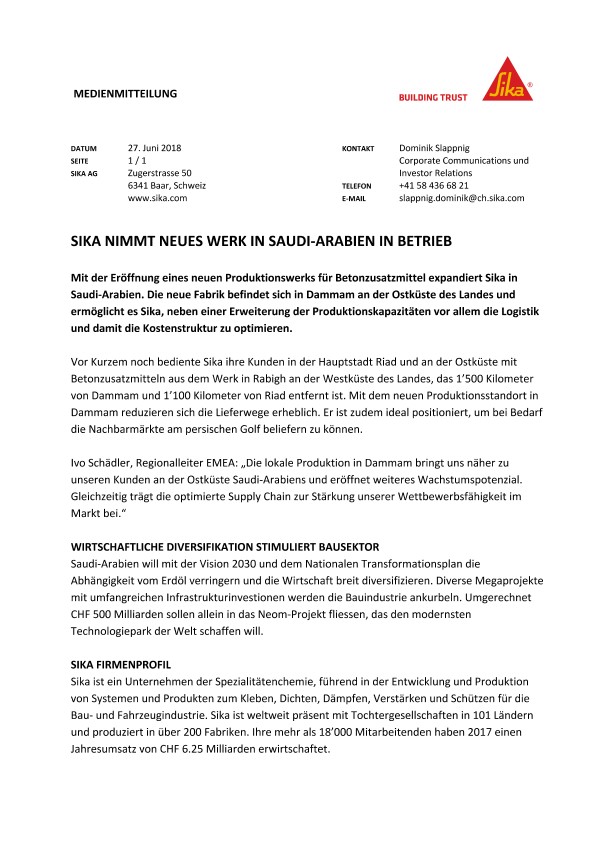 在沙特阿拉伯的Betrieb的西卡niimmt neues Werk