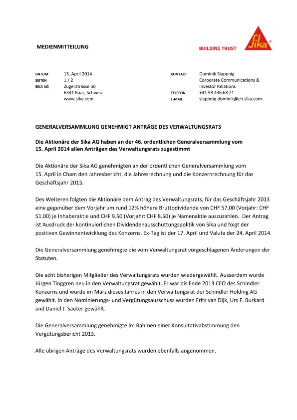将军versammlung genehmight Anträge des Verwaltungsrats