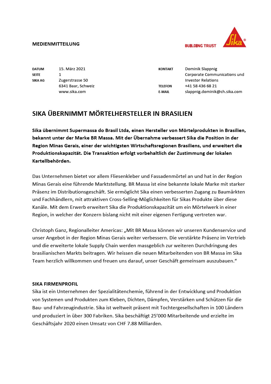 SikaÜbernimmtMörtelhersteller在Brasilien  -  Marz 2021