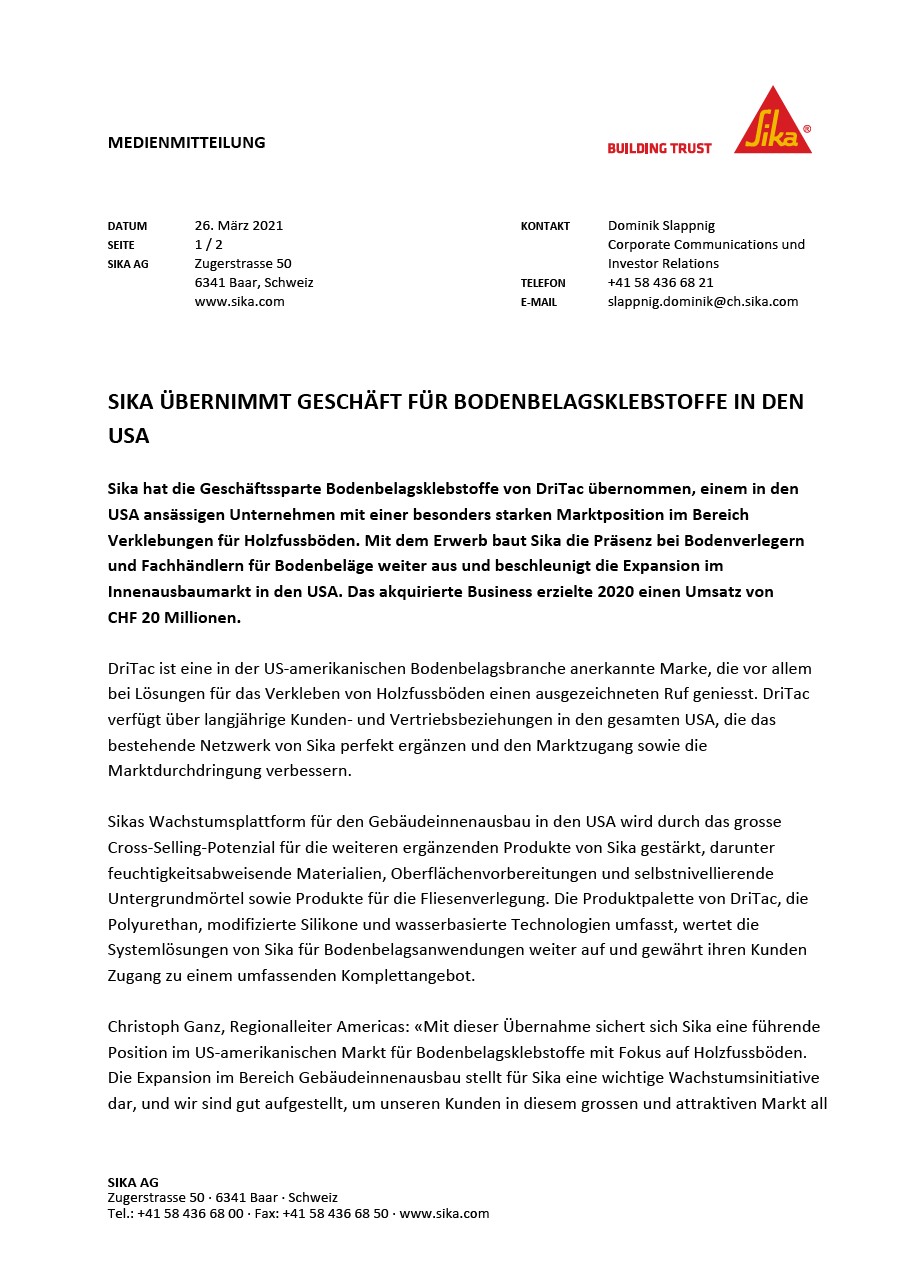 SikaÜbernimmtGeschäftFürBodenbelagsklebstoffe在Den USA  - März2021
