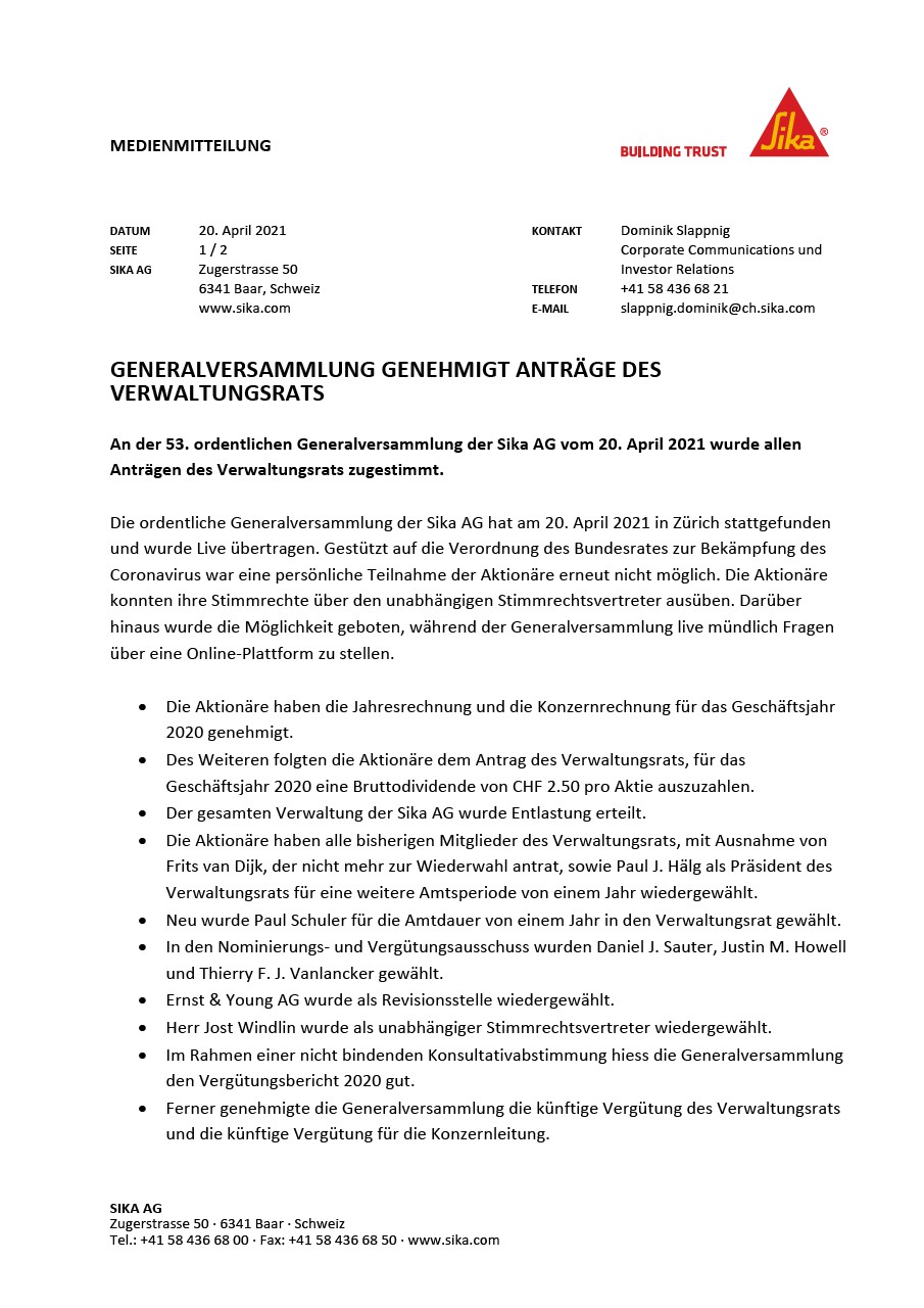 GeneralVersammlung GenehmigtAnträgedes Verwaltungsrats  -  4月2021年4月