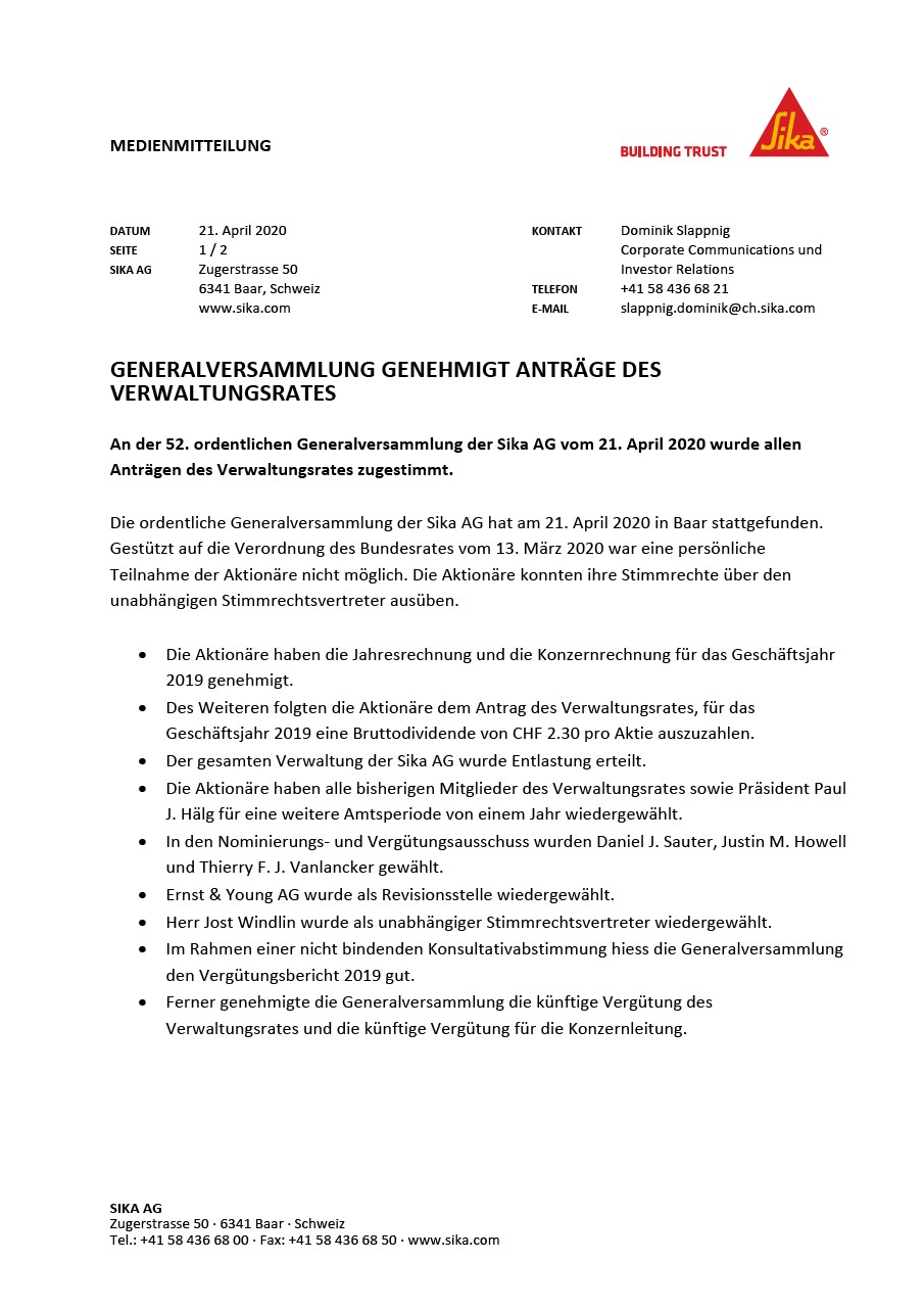 Generalversammlung genehmight Anträge des Verwaltungsrates - 2020年4月
