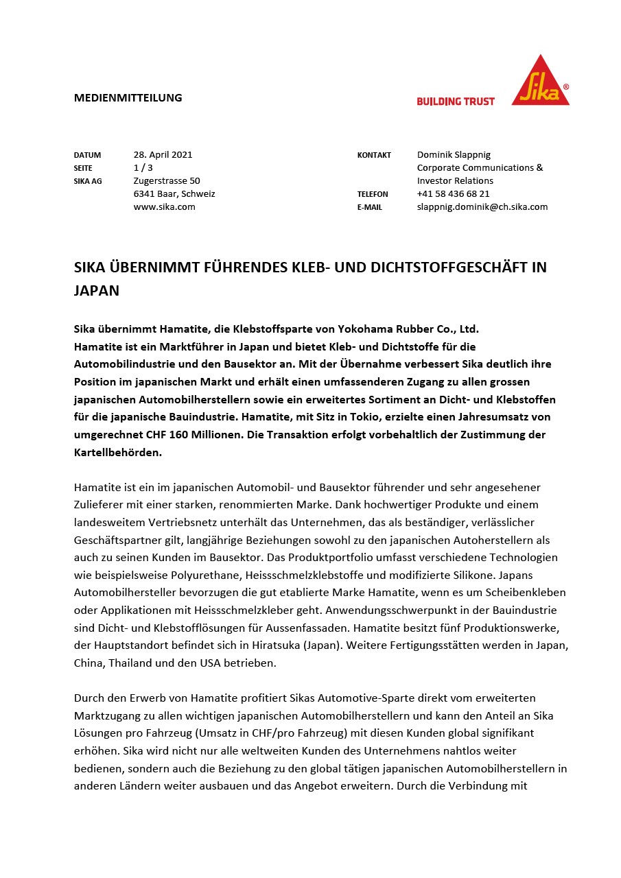 Sikaübernimmtführendeskleb-unddichtstofgeschäft在日本 -  4月2021年
