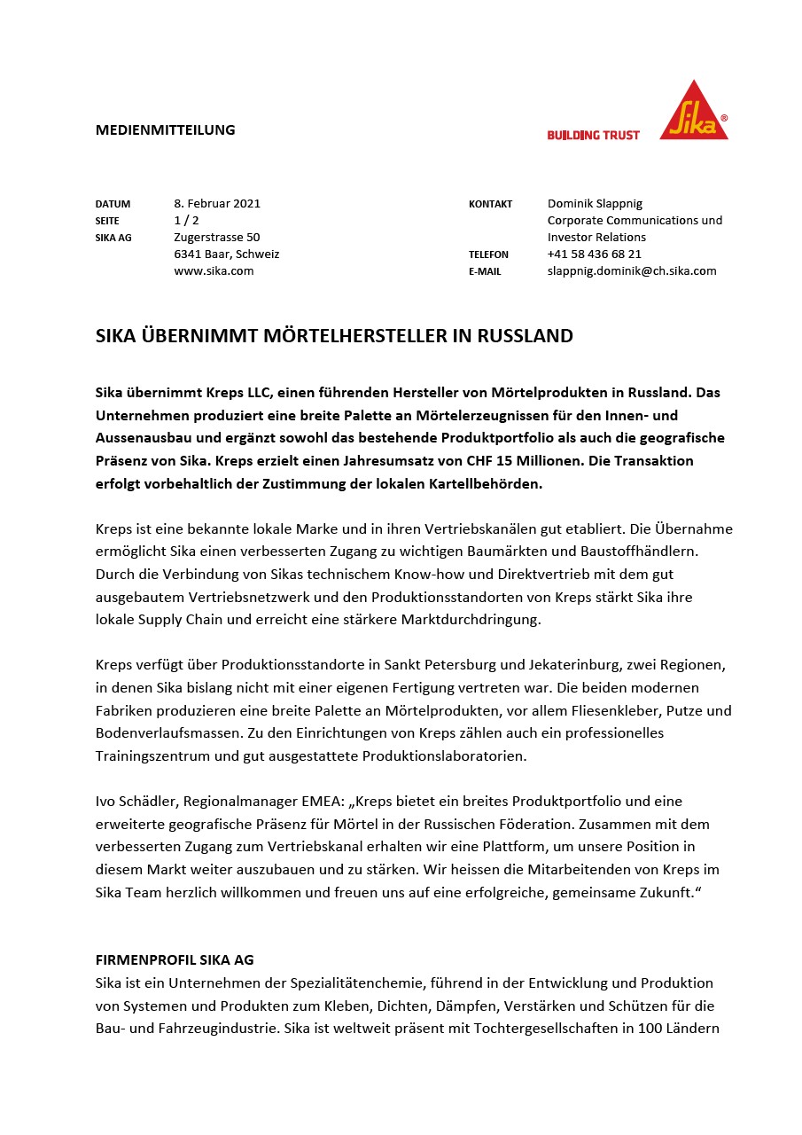 西卡übernimmt Mörtelhersteller在俄罗斯- 2021年2月