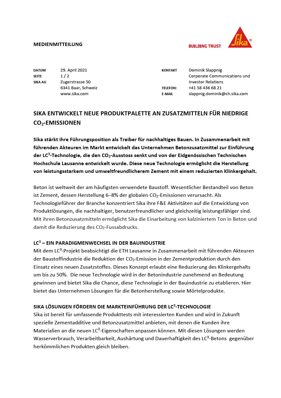 Sika Entwickelt Neue Produktpalette ZusatzmittelnFürniedRigeCo2-Emissise