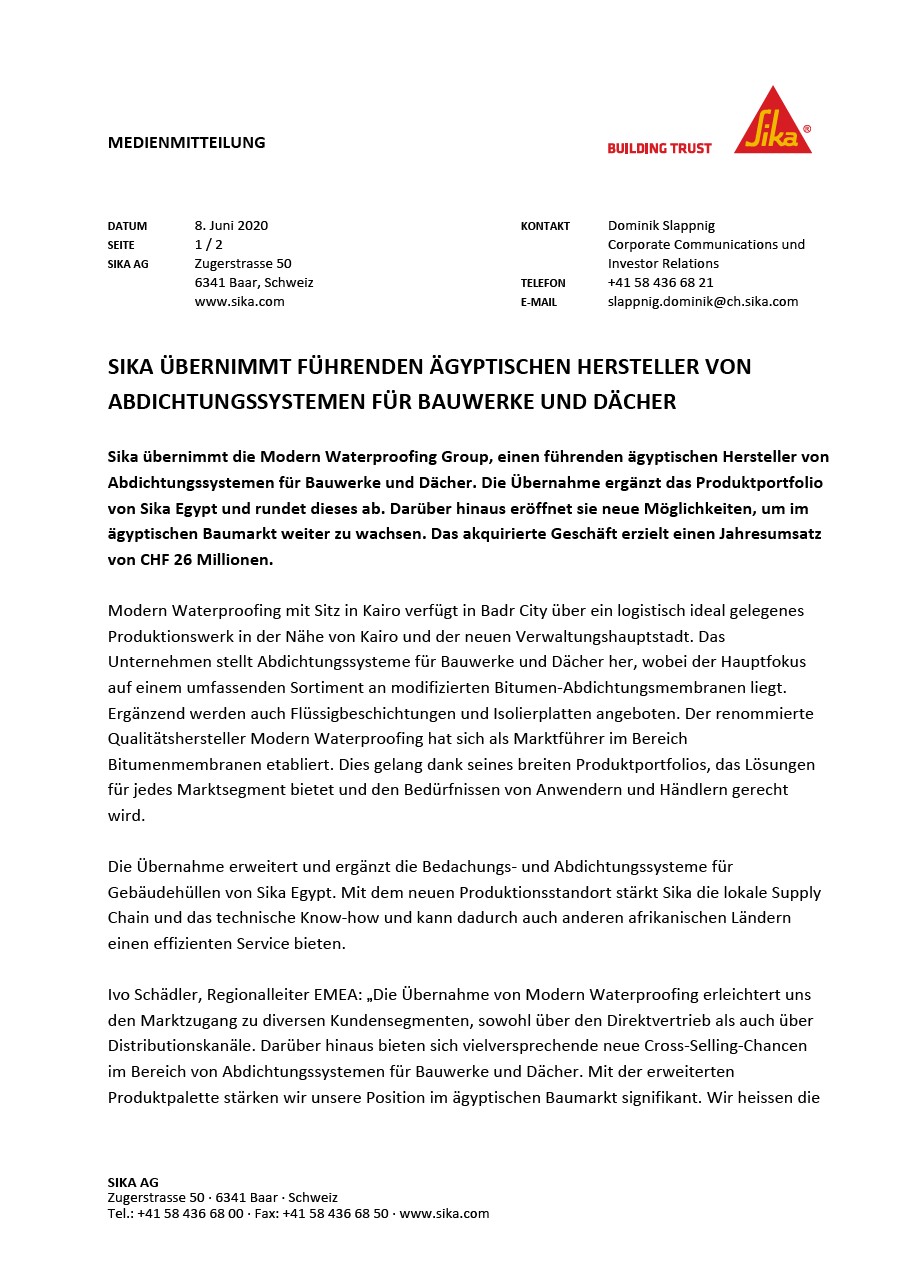 sikaübernimmtFührendenägyptischenhersteller vonabdichtungssystemenenfürbauwerke unddächer -juni 20202020