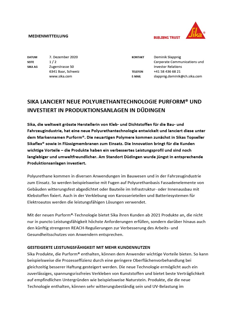 Sika Lanciert Neue PolyurethantechnologiePurform®DuncultIonsanlagen在Düdingen -  Dezember 2020