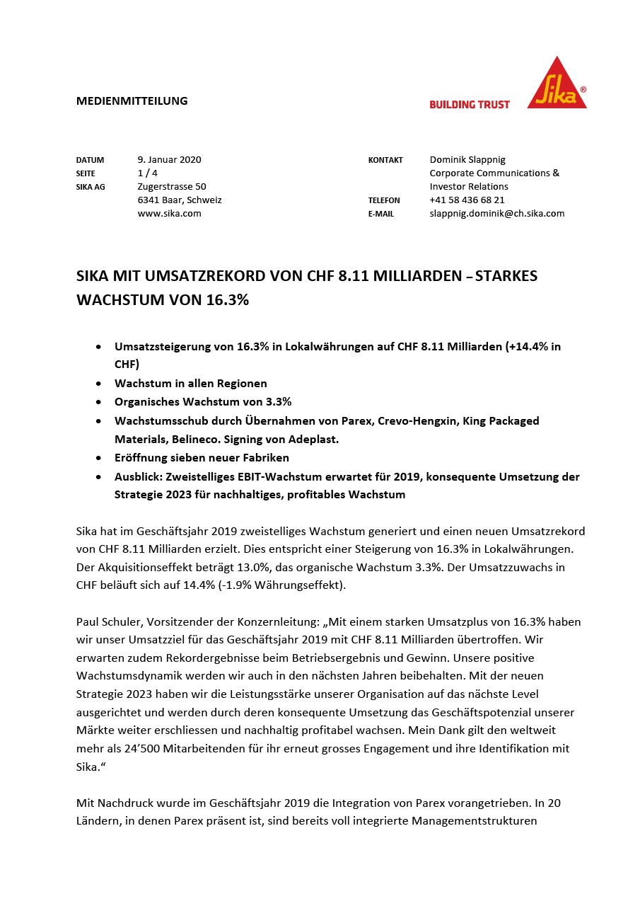 Sika mit Umsatzrekord von CHF 8.11 Milliarden - Starkes Wachstum von 16.3% - 2020年1月