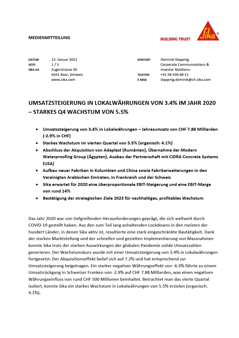 Umsatzsteigerung in Lokalwährungen von 3.4% im Jahr 2020 - Starkes Q4 Wachstum von 5.5% - 2021年1月