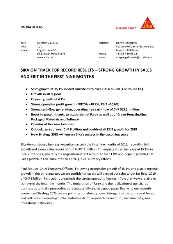 西卡有望取得创纪录的业绩——前九个月销售额和息税前利润强劲增长