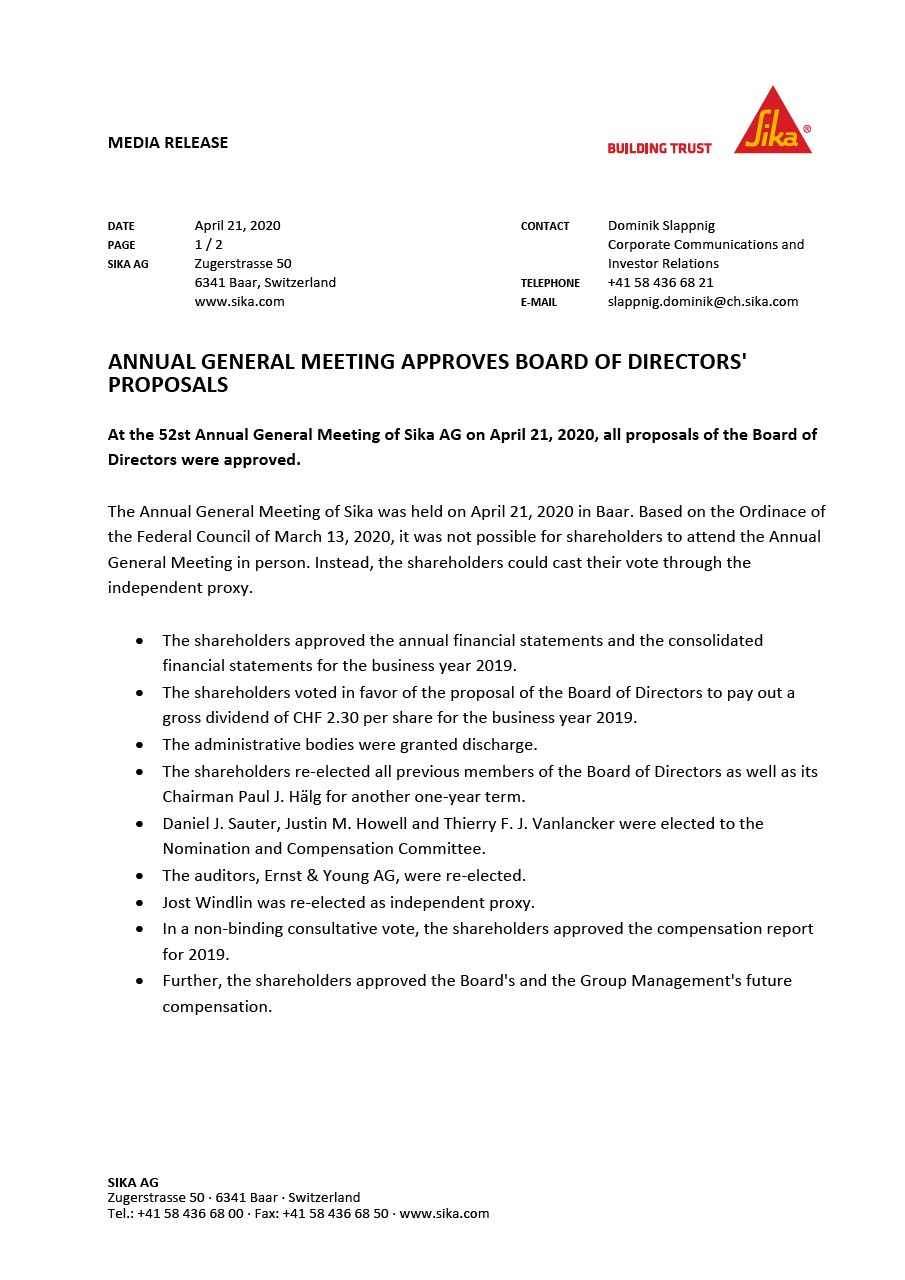 年度股东大会批准董事会提案- 2020年4月