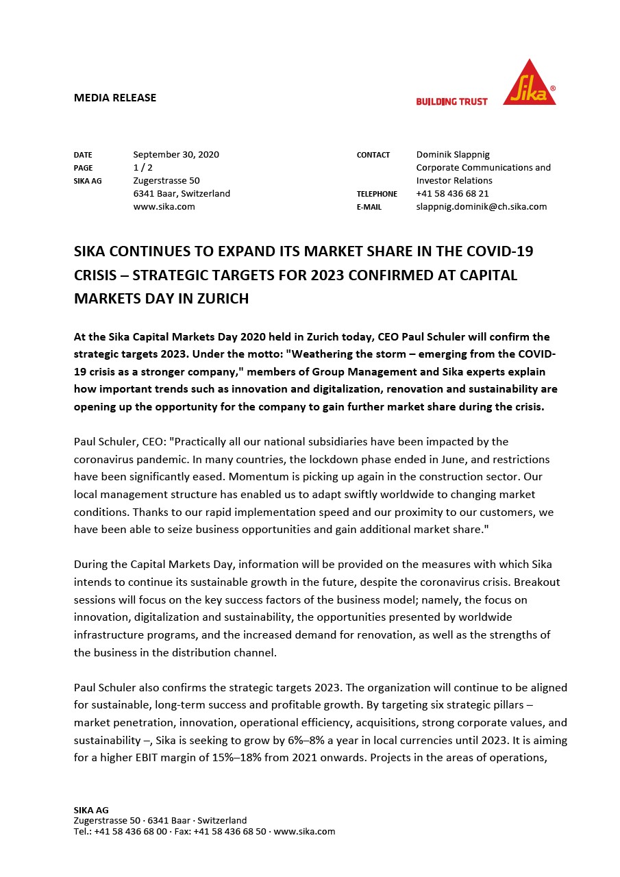 西卡在2019冠状病毒病危机中继续扩大市场份额- 2020年9月