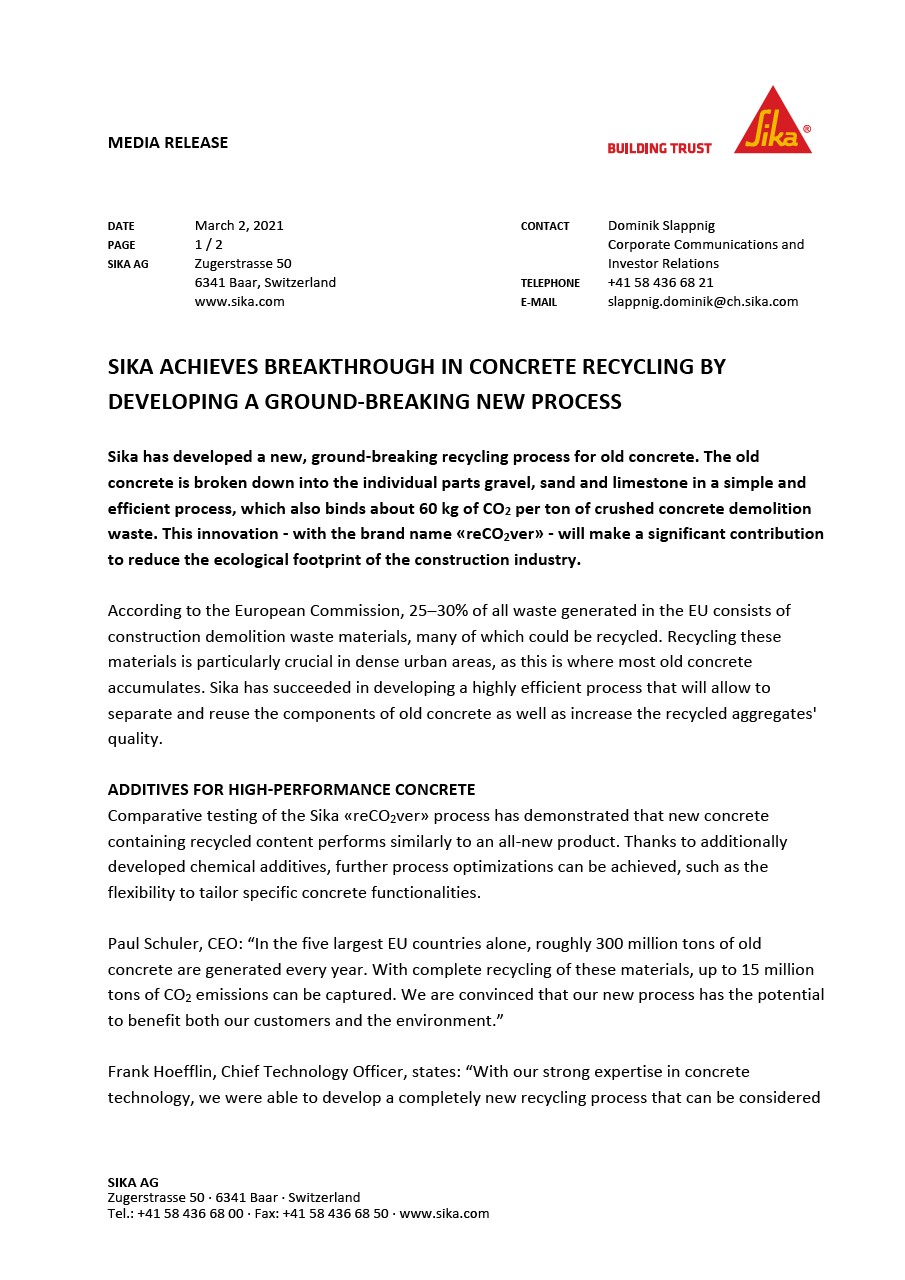 西卡通过开发突破性的新工艺在混凝土回收方面取得突破- 2021年3月
