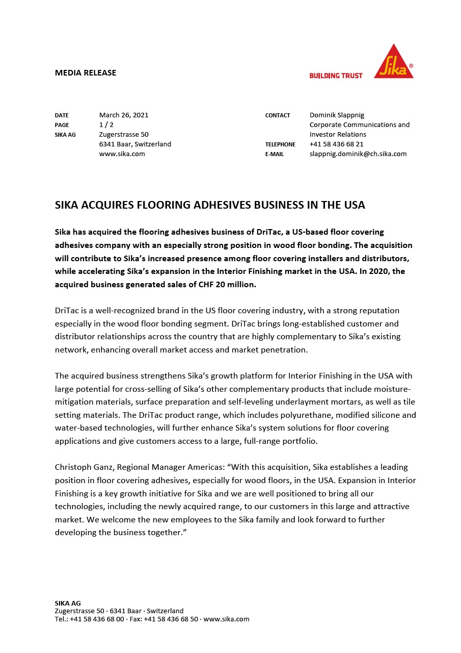 Sika在美国获得地板胶粘剂业务 -  3月2021年3月