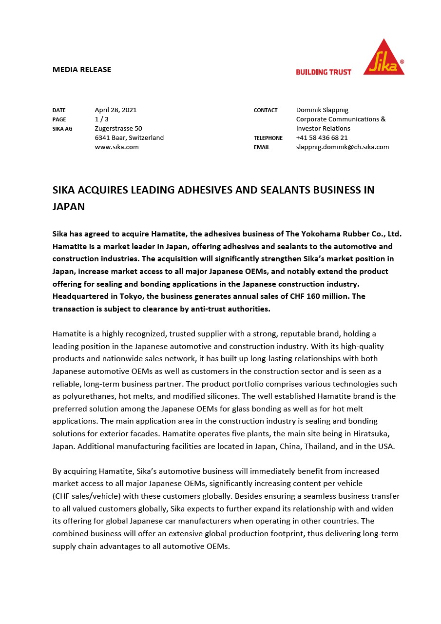 Sika在日本获得领先的粘合剂和密封胶业务 -  4月2021年