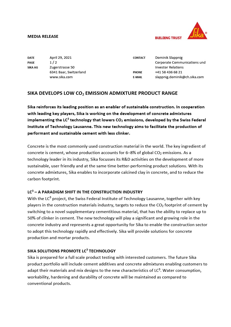 Sika开发出低二氧化碳排放混合物产品系列 -  4月2021年