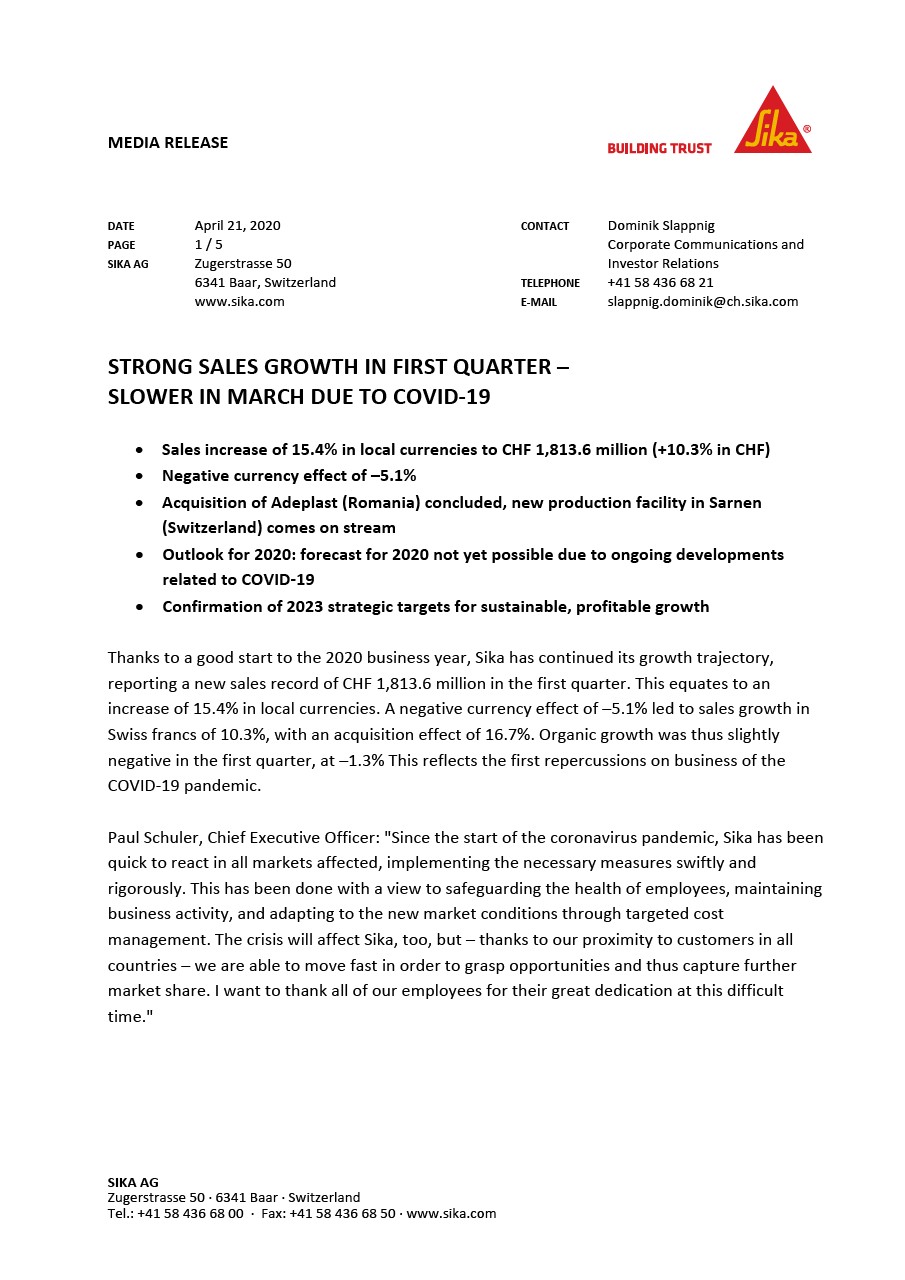 在第一季度强劲的销售增长慢,由于COVID-19 3月- 2020年4月