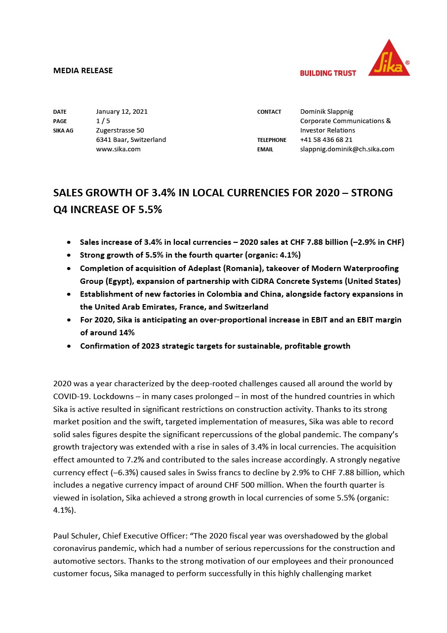 以当地货币计算，2020年销售额增长3.4% -到2021年1月，第四季度强劲增长5.5%