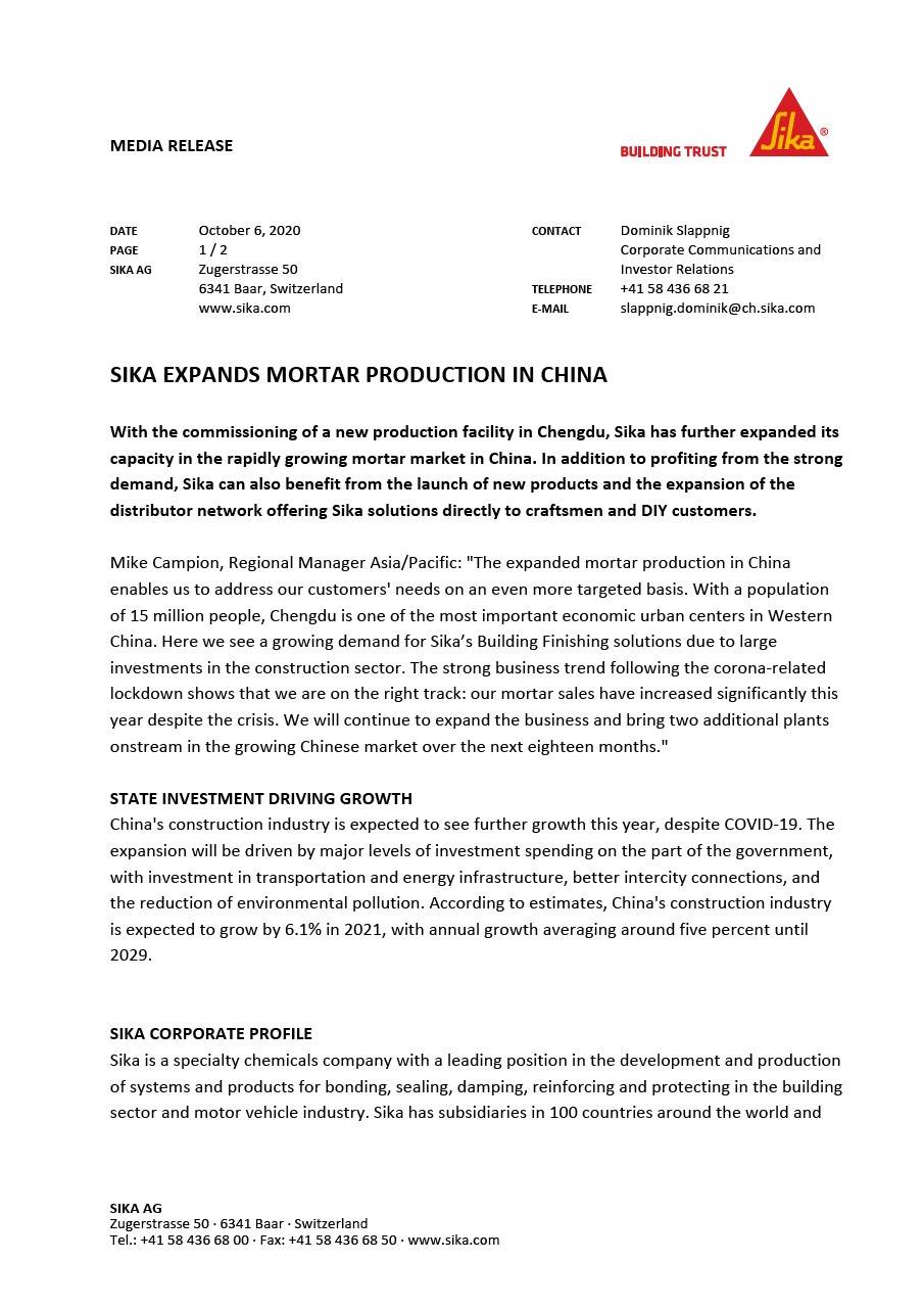 梅花鹿扩大砂浆生产在中国——2020年10月