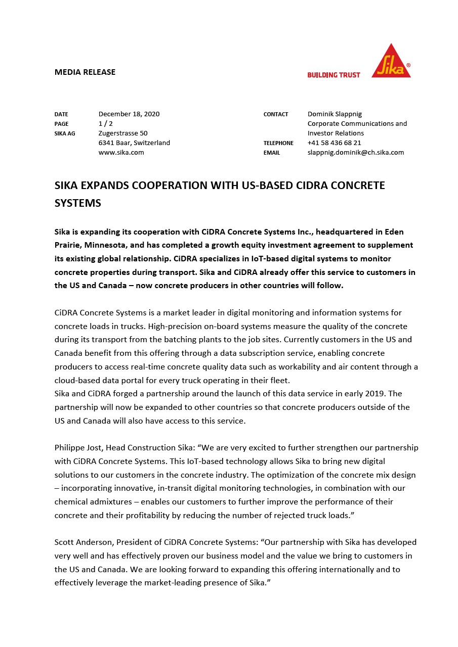 Sika扩大了与美国CIDRA混凝土系统的合作 -  12月2020年12月