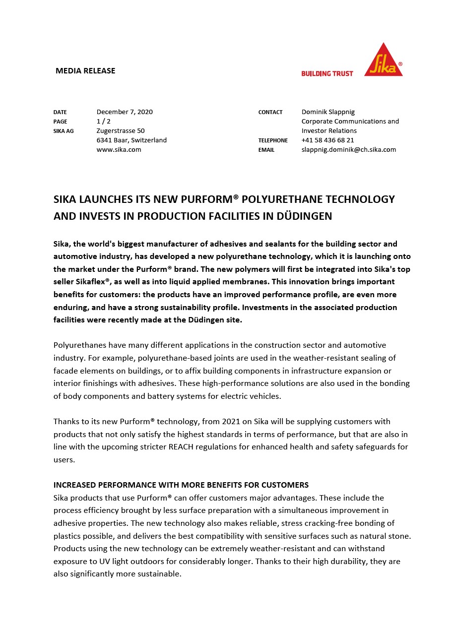 Sika推出其新的Purform®聚氨酯技术，并投资于Düdingen-2020的生产设施