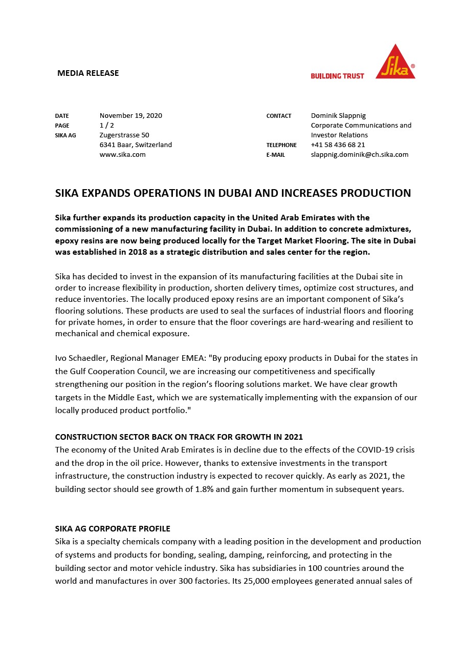 锡卡扩大了迪拜的业务，增加了生产 -  11月2020年11月