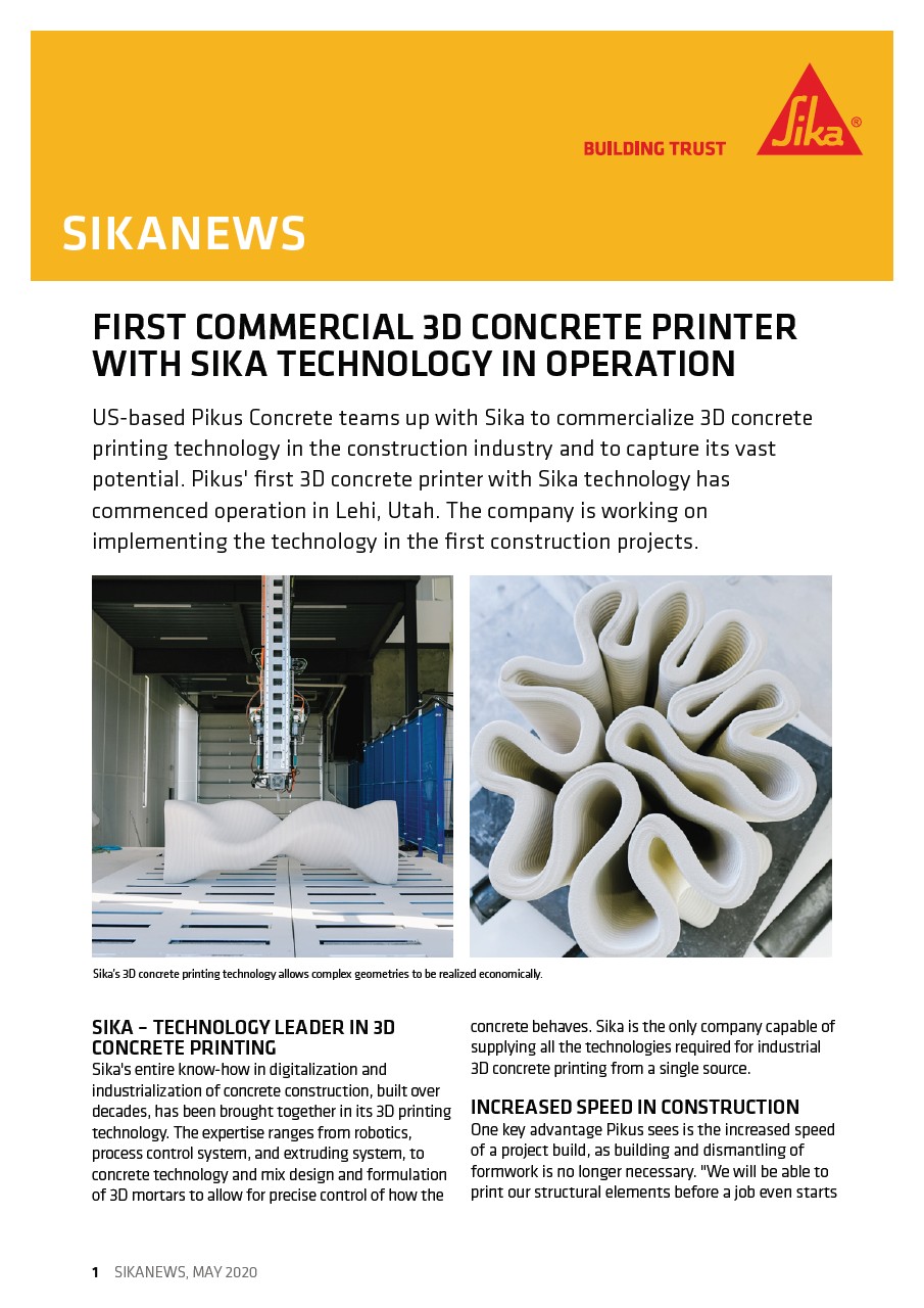 第一个商业3D混凝土打印机，运行中锡卡技术