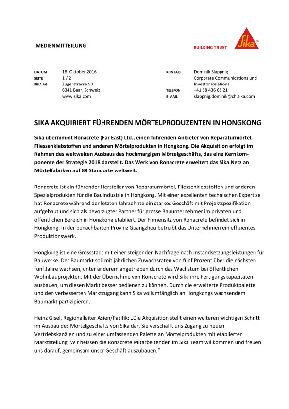 香港的SikaAkquiriertFührendenMörtelproduzenten