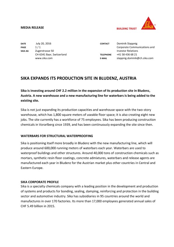 Sika扩大了其在奥地利布鲁登兹的生产地点