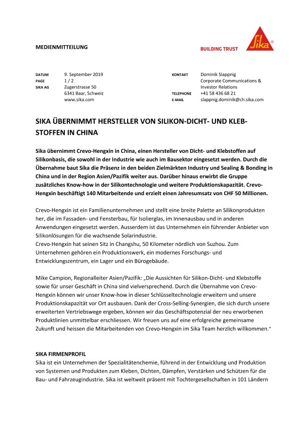 西卡übernimmt crevo -恒鑫中国- 2019年9月