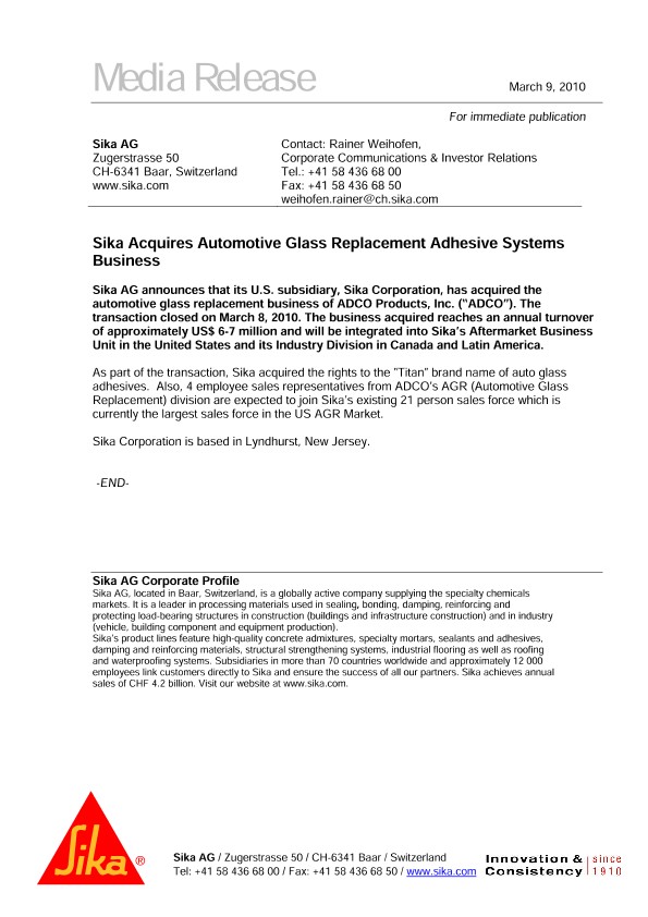 西卡收购汽车玻璃替代胶粘剂系统业务