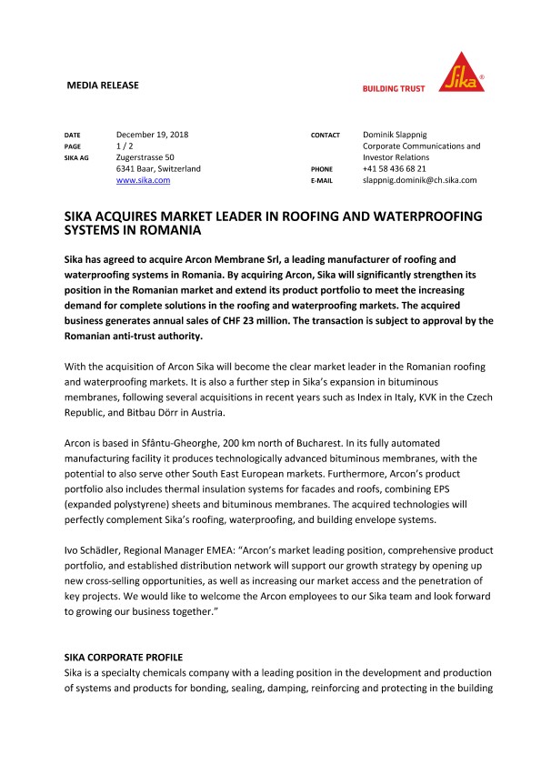 西卡获得罗马尼亚屋顶和防水系统的市场领导者