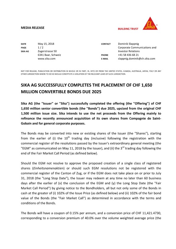 ayx小金体育Sika AG成功完成了2025年至今的CHF 1,650万克利斯债券的安排