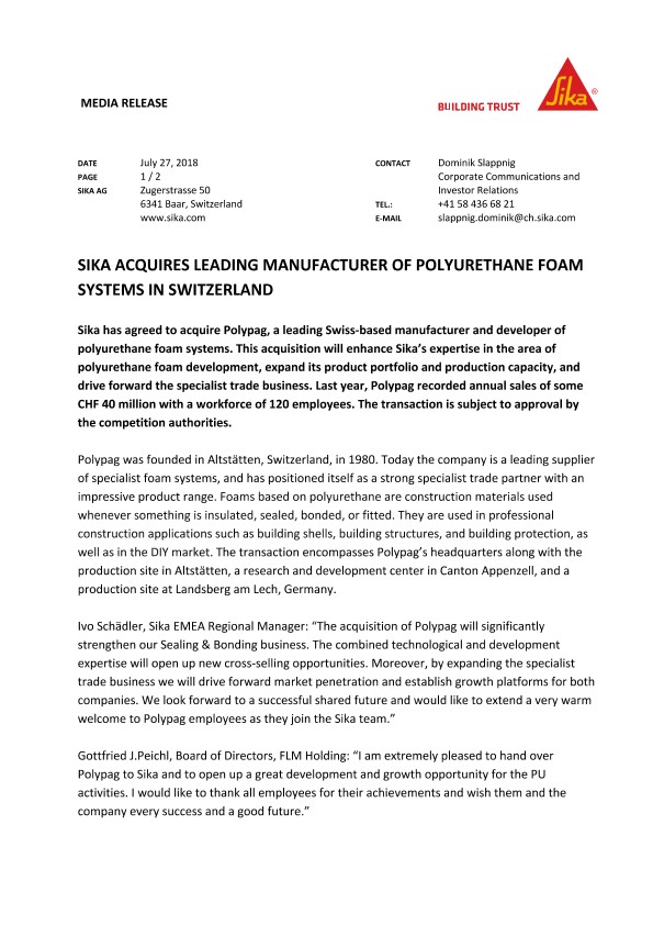 梅花鹿在瑞士获得聚氨酯泡沫系统的领先制造商