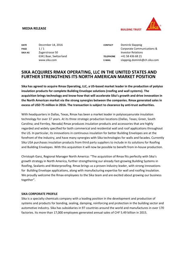 西卡收购美国Rmax运营有限责任公司，进一步加强其北美市场地位