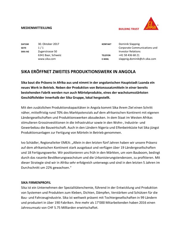 安哥拉的SikaEröffnetZweites produktionswerk